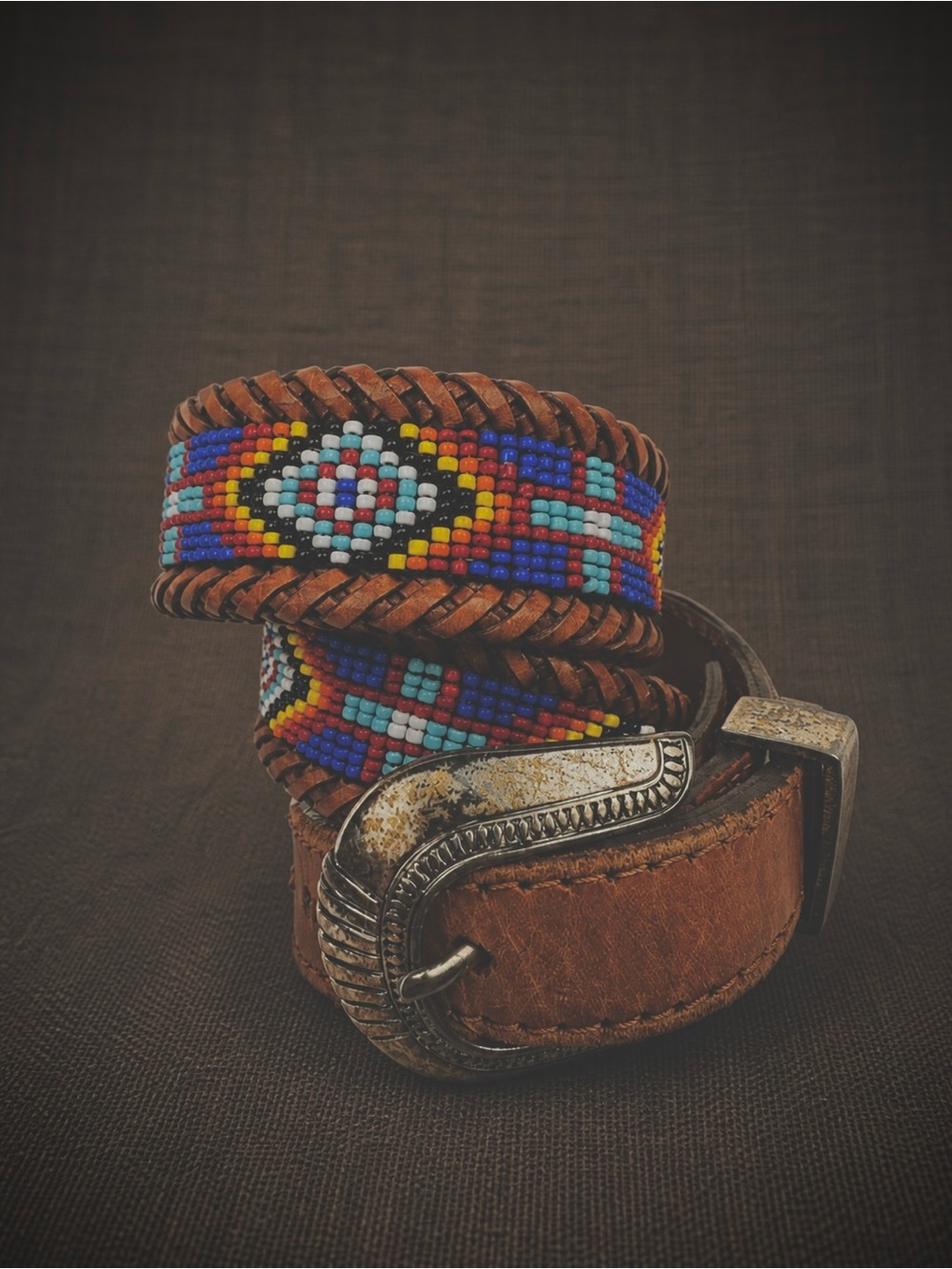 Vintage Hand-Beaded Leather Belt | Boho Western | Braided Leather Patina Buckle